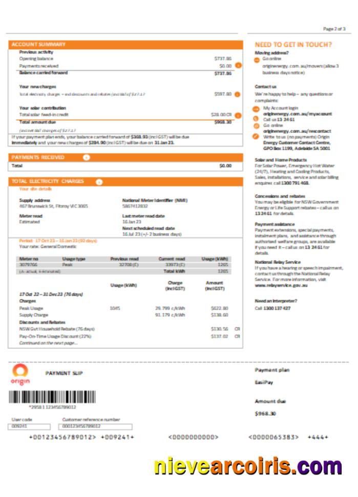 New South Wales (NSW) Origin electricity utility business bill,, page 2